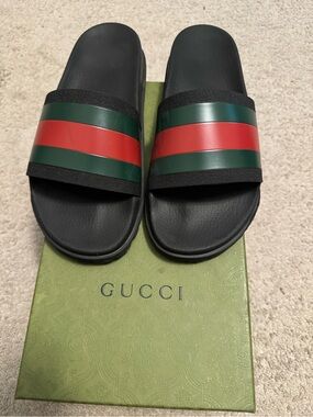 Gucci Black Slides with Green and Red Web Stripe